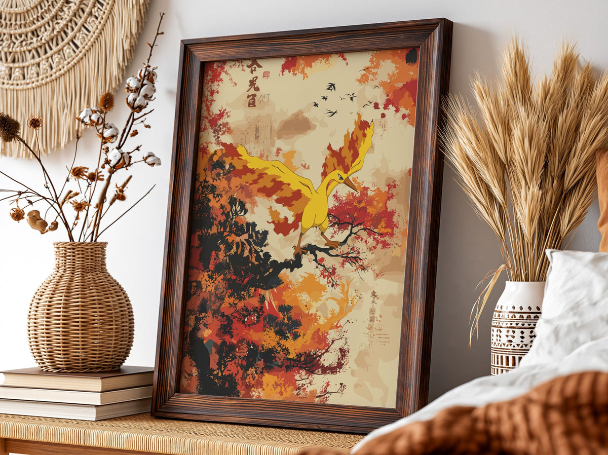 Poster of Moltres firebird in bright orange and yellow flames flying over autumn trees with red and dark