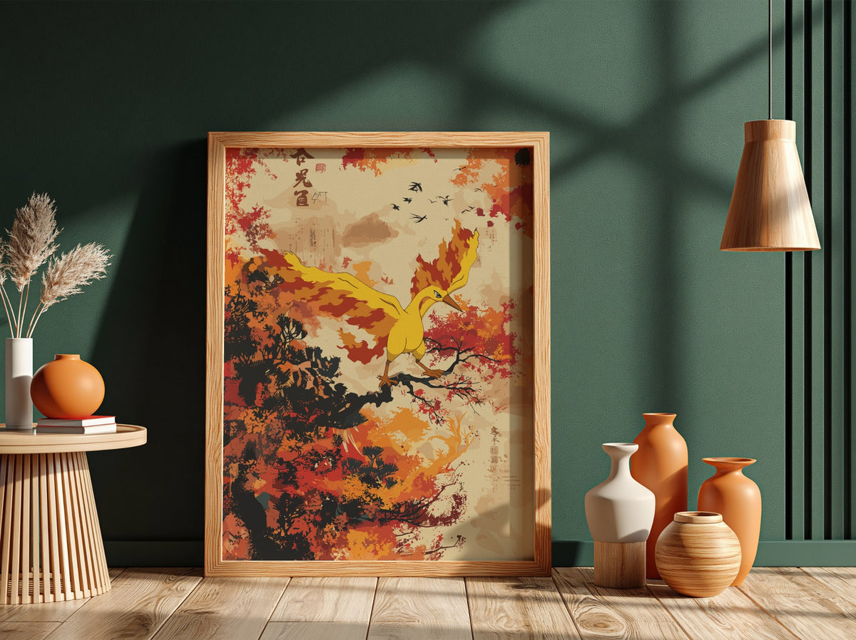 Poster of Moltres firebird in bright orange and yellow flames flying over autumn trees with red and dark