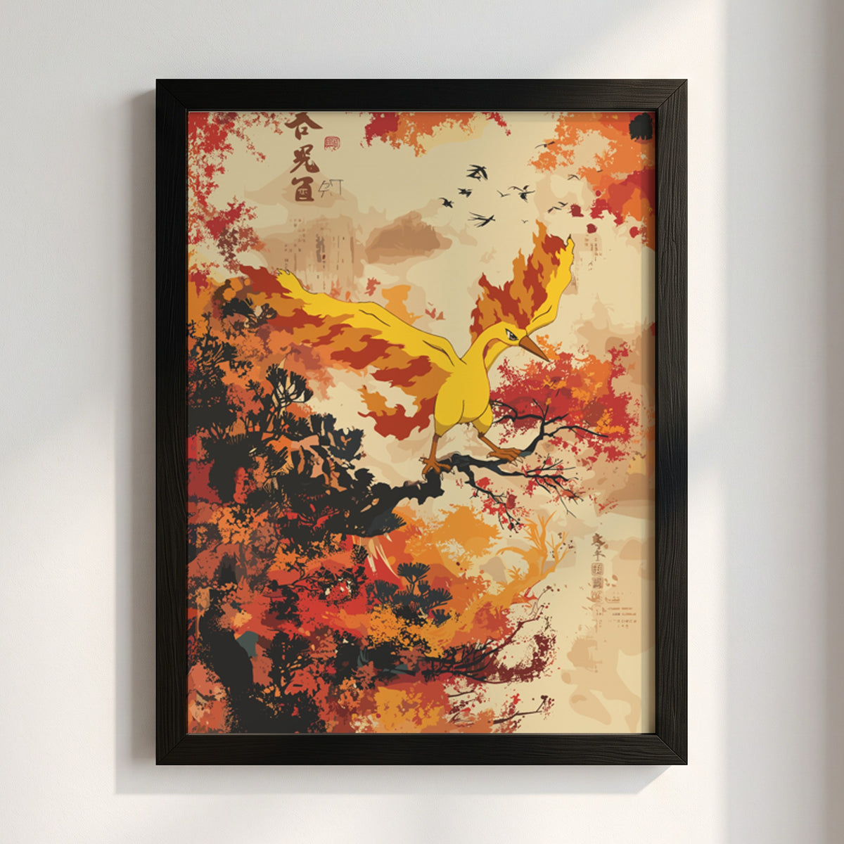 Poster of Moltres firebird in bright orange and yellow flames flying over autumn trees with red and dark