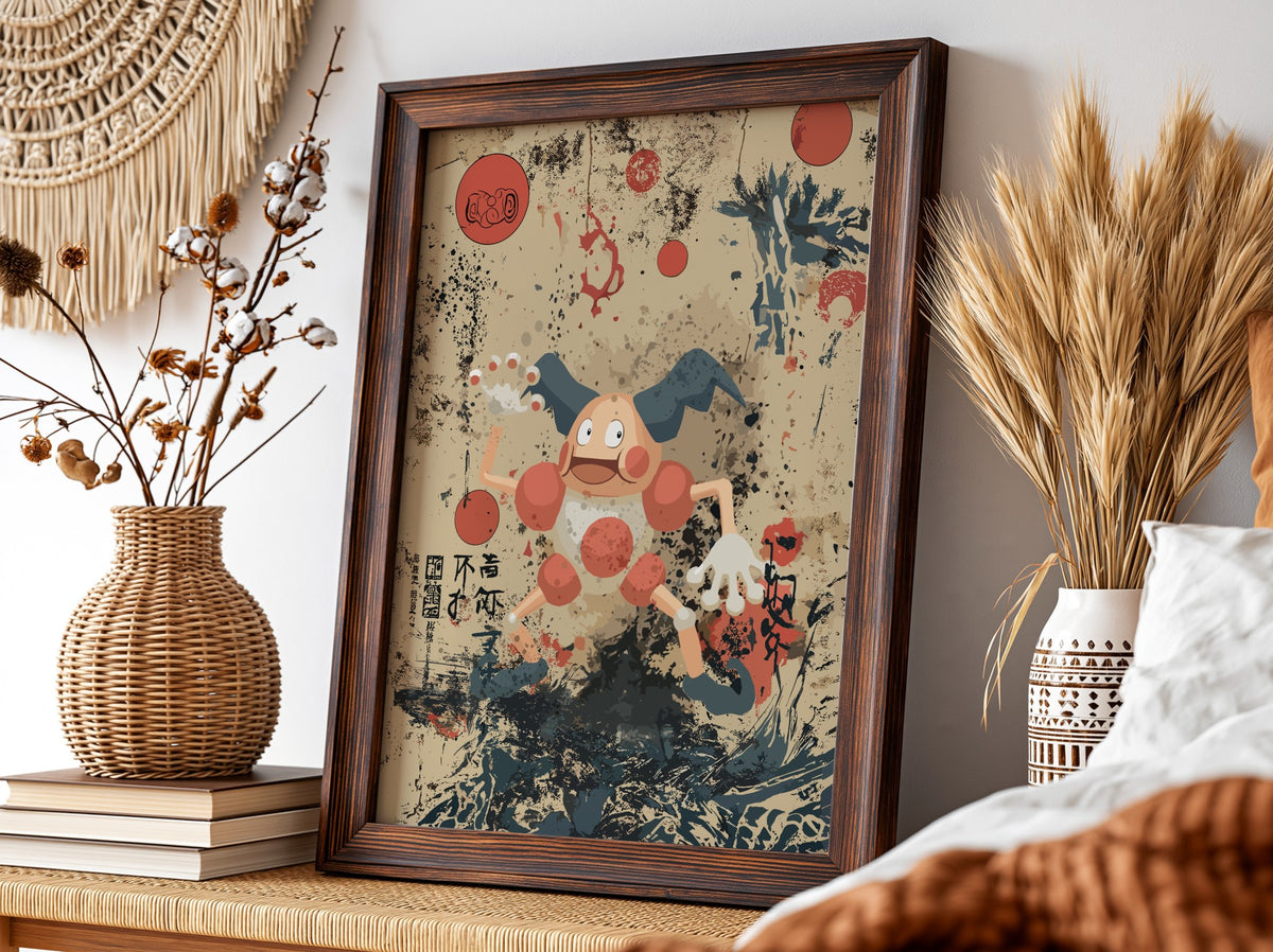 Mr. Mime character poster with beige background, red circles, Japanese brush strokes, playful cartoon style