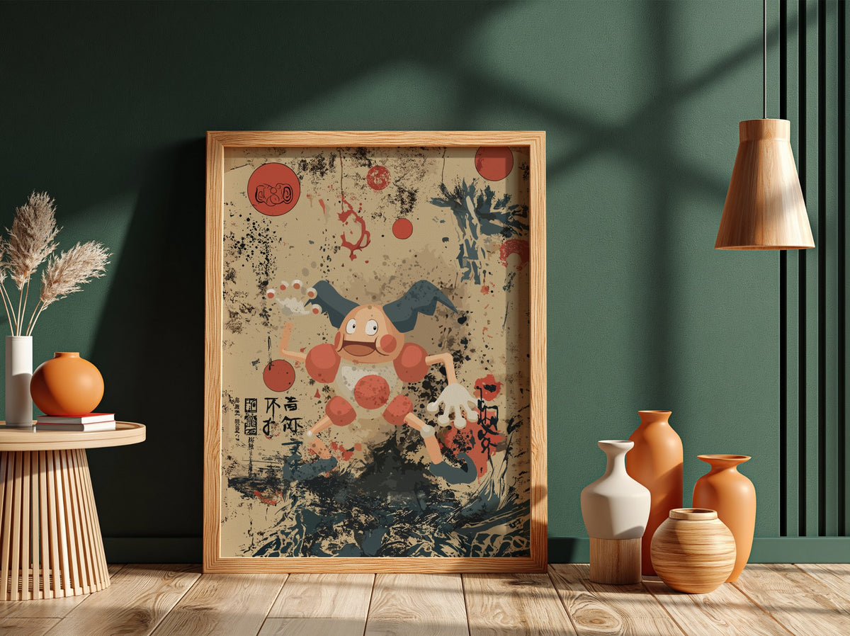 Mr. Mime character poster with beige background, red circles, Japanese brush strokes, playful cartoon style