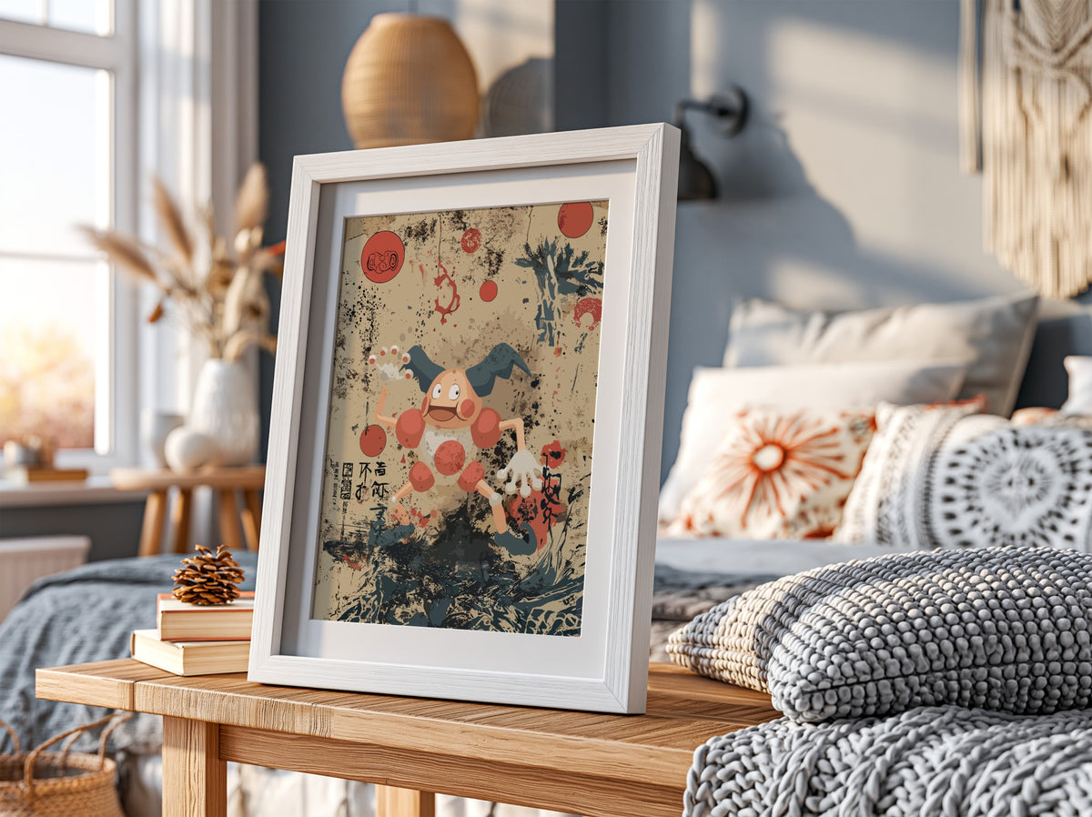 Mr. Mime character poster with beige background, red circles, Japanese brush strokes, playful cartoon style