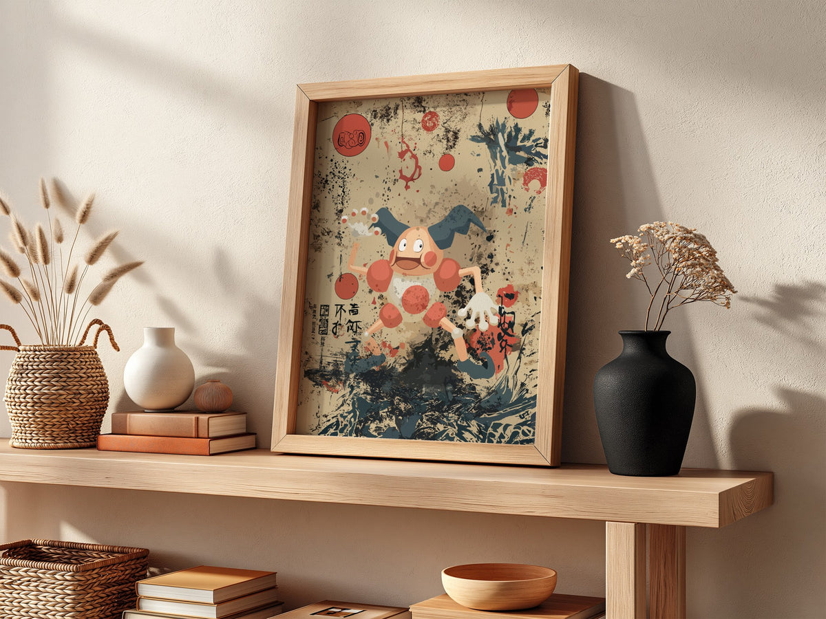 Mr. Mime character poster with beige background, red circles, Japanese brush strokes, playful cartoon style