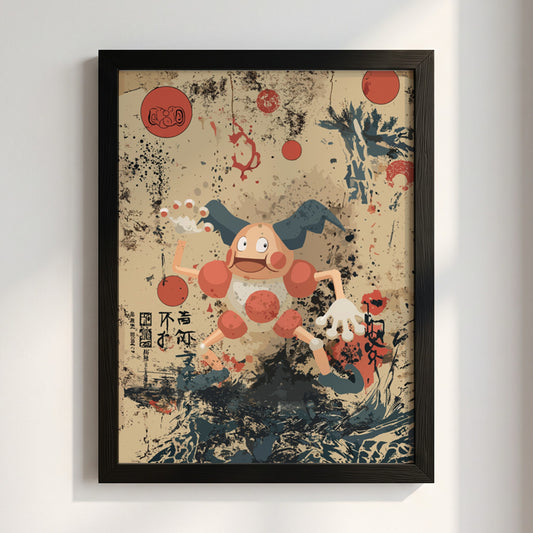 Mr. Mime character poster with beige background, red circles, Japanese brush strokes, playful cartoon style