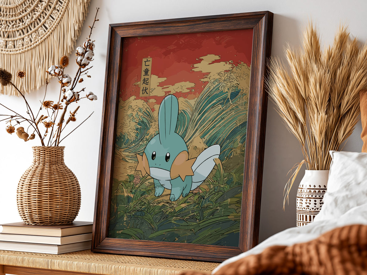 Pokemon poster featuring Mudkip with teal, orange, white colors against red and blue Japanese wave background