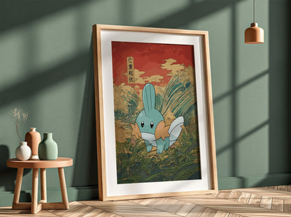 Pokemon poster featuring Mudkip with teal, orange, white colors against red and blue Japanese wave background