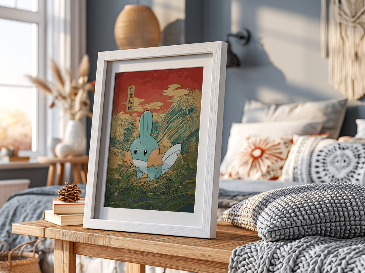 Pokemon poster featuring Mudkip with teal, orange, white colors against red and blue Japanese wave background