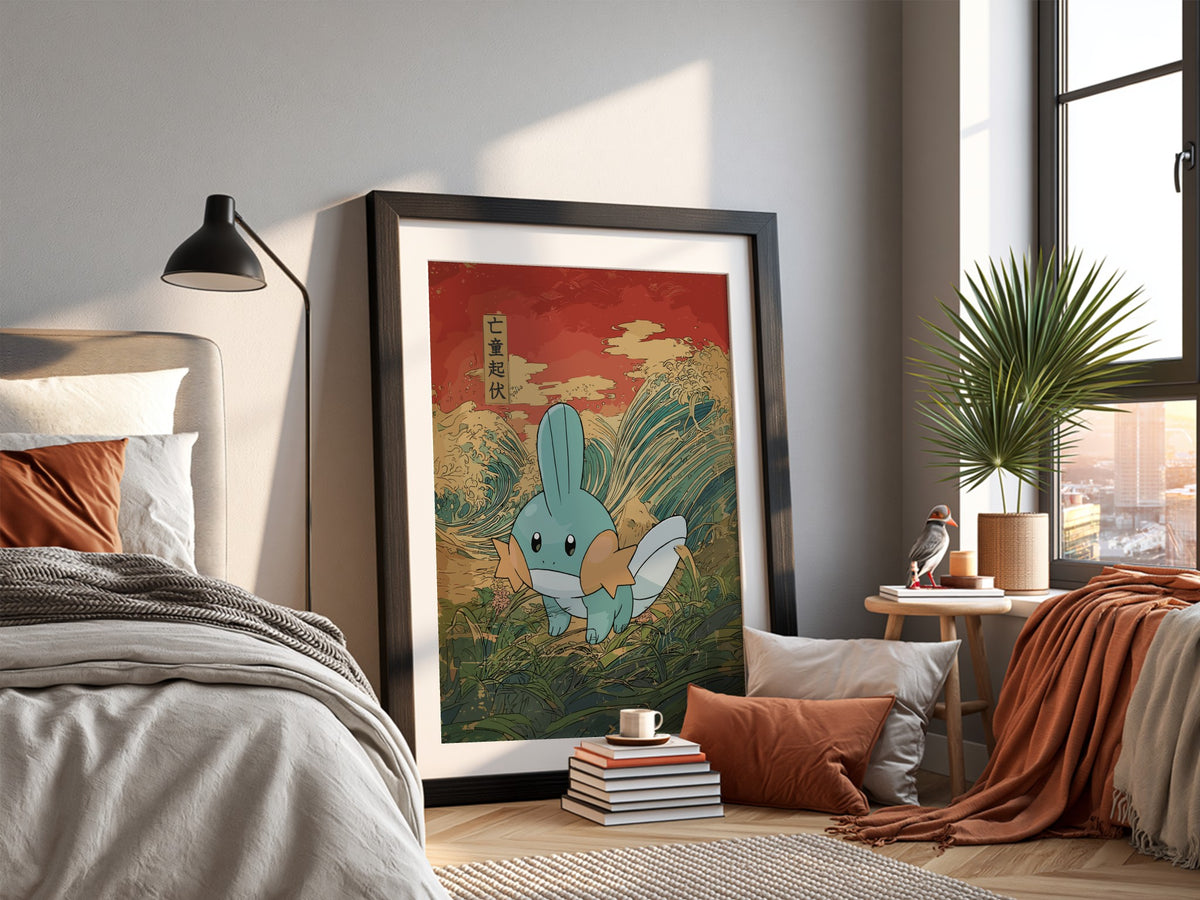 Pokemon poster featuring Mudkip with teal, orange, white colors against red and blue Japanese wave background