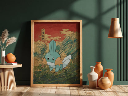 Pokemon poster featuring Mudkip with teal, orange, white colors against red and blue Japanese wave background