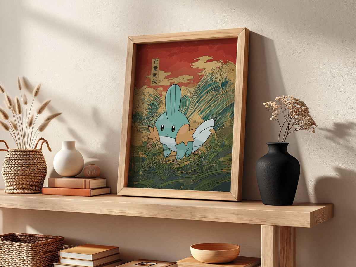 Pokemon poster featuring Mudkip with teal, orange, white colors against red and blue Japanese wave background