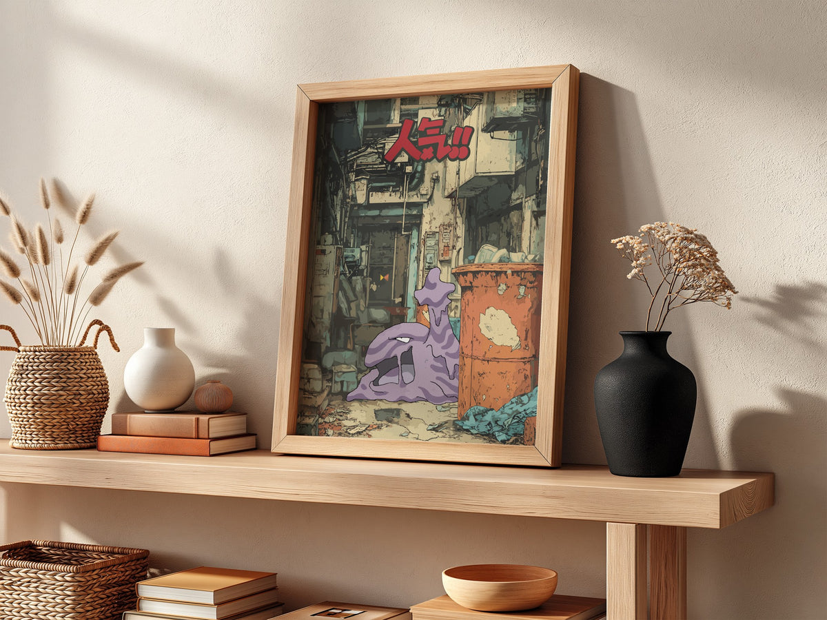 Poster of Muk Pokémon in urban alley with muted tones purple and orange featuring bold red Japanese text