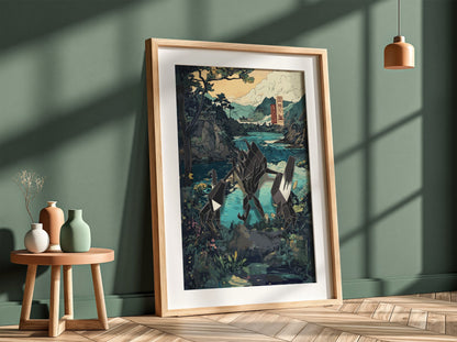 Anime poster featuring Necrozma with geometric shapes in a Japanese landscape with blue and earth tone colors