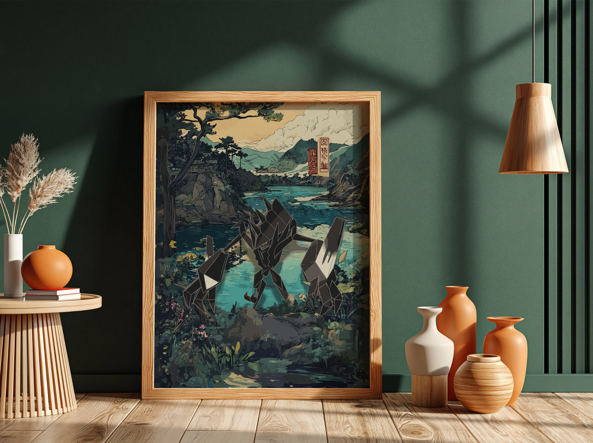 Anime poster featuring Necrozma with geometric shapes in a Japanese landscape with blue and earth tone colors