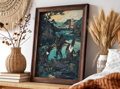 Anime poster featuring Necrozma with geometric shapes in a Japanese landscape with blue and earth tone colors