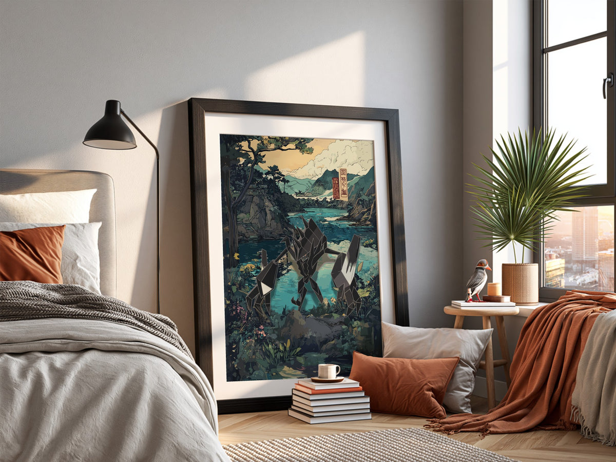 Anime poster featuring Necrozma with geometric shapes in a Japanese landscape with blue and earth tone colors