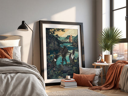 Anime poster featuring Necrozma with geometric shapes in a Japanese landscape with blue and earth tone colors
