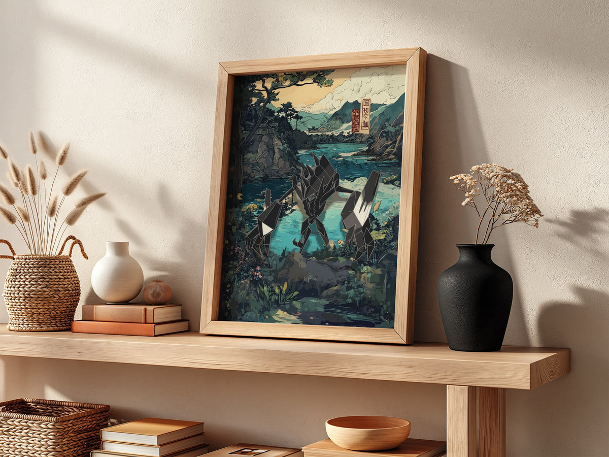 Anime poster featuring Necrozma with geometric shapes in a Japanese landscape with blue and earth tone colors