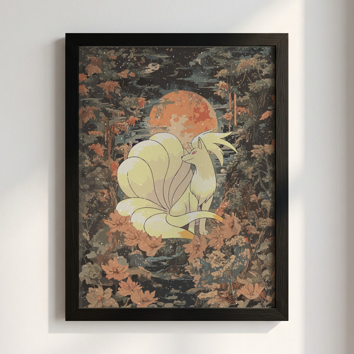 Poster wall decor featuring a vintage style Ninetales under an orange moon with soft cream and dark green