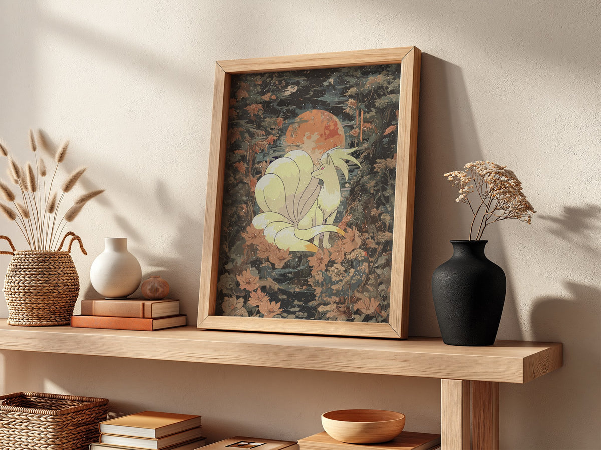 Poster wall decor featuring a vintage style Ninetales under an orange moon with soft cream and dark green