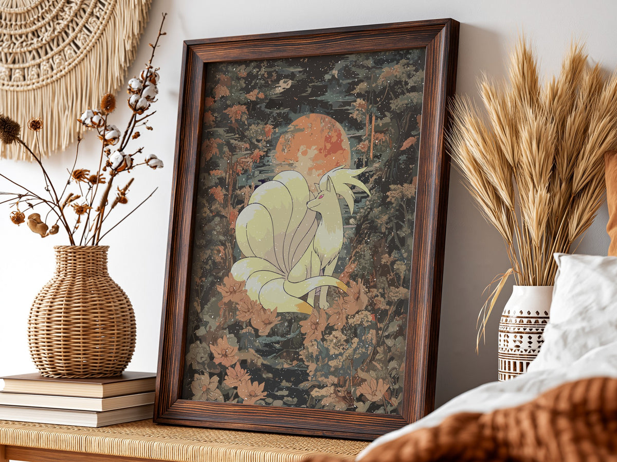 Poster wall decor featuring a vintage style Ninetales under an orange moon with soft cream and dark green
