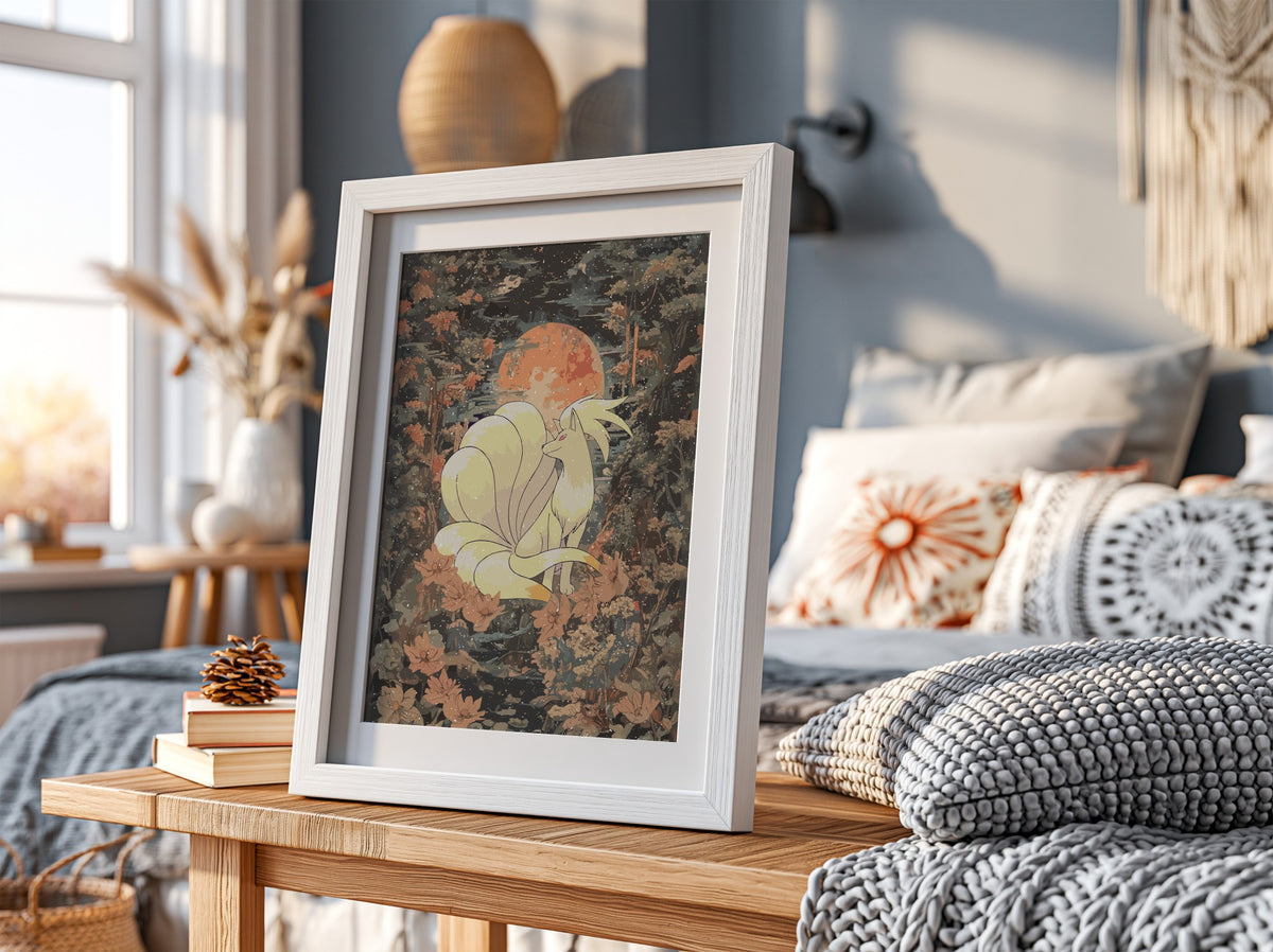 Poster wall decor featuring a vintage style Ninetales under an orange moon with soft cream and dark green