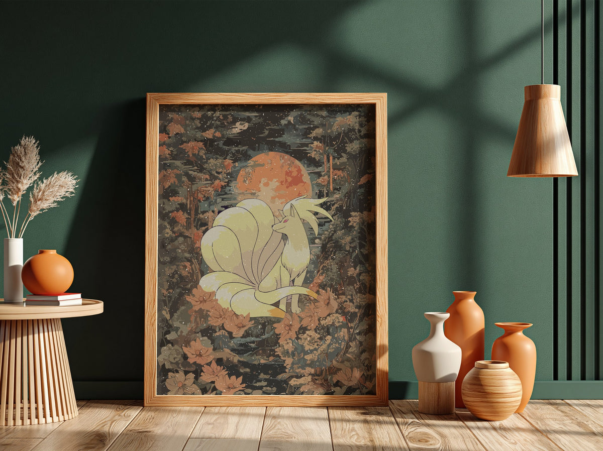 Poster wall decor featuring a vintage style Ninetales under an orange moon with soft cream and dark green