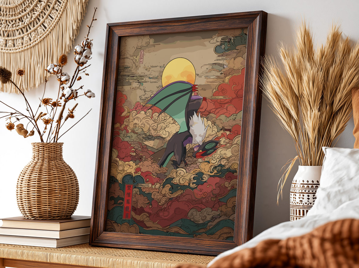 Pokemon poster featuring Noivern flying above swirling red and beige clouds beneath a glowing full moon in