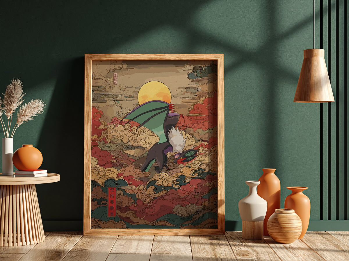 Pokemon poster featuring Noivern flying above swirling red and beige clouds beneath a glowing full moon in