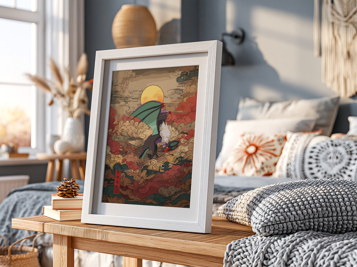 Pokemon poster featuring Noivern flying above swirling red and beige clouds beneath a glowing full moon in