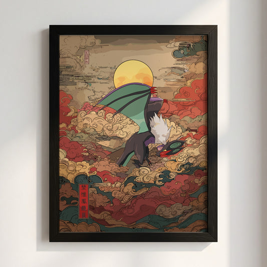 Pokemon poster featuring Noivern flying above swirling red and beige clouds beneath a glowing full moon in