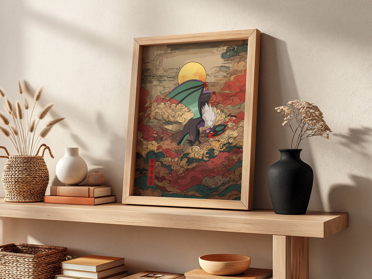 Pokemon poster featuring Noivern flying above swirling red and beige clouds beneath a glowing full moon in