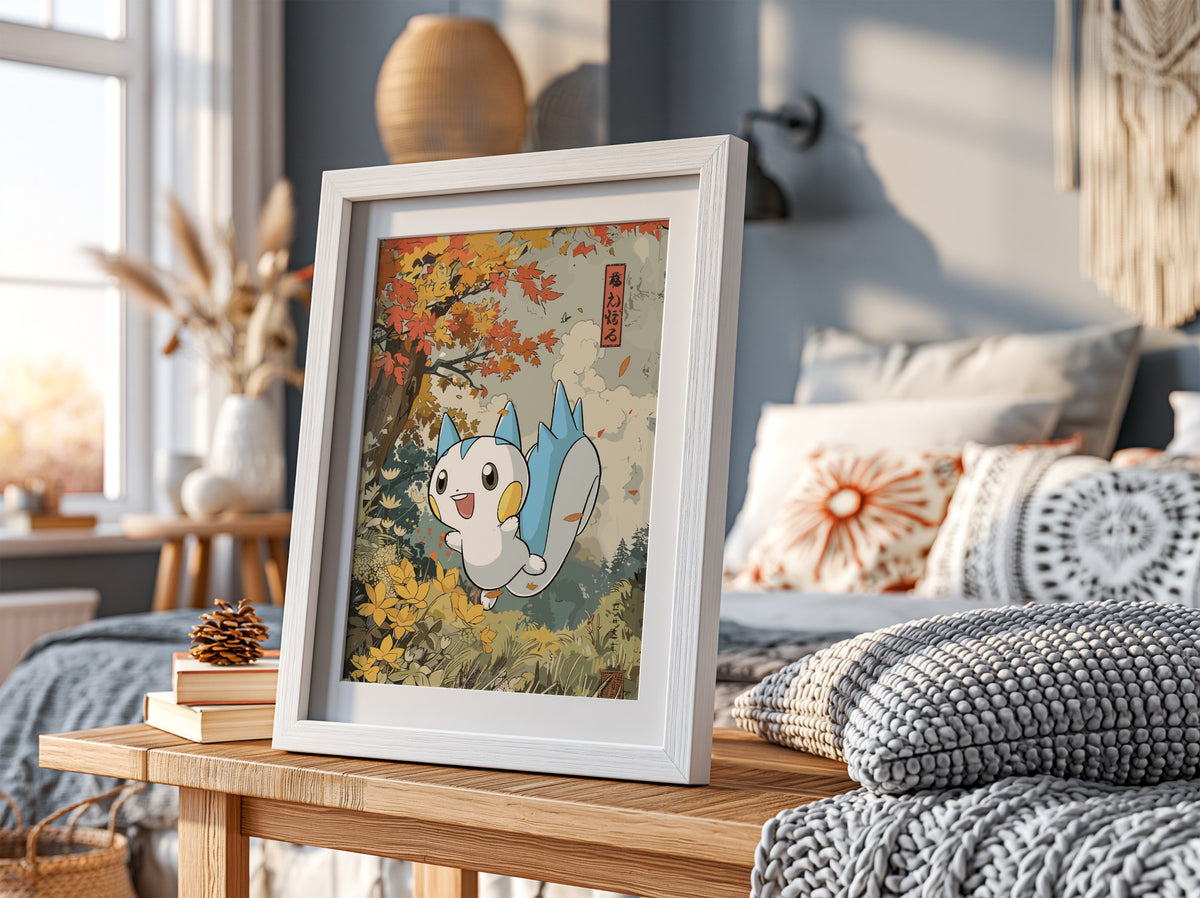 Wall poster featuring Pachirisu character in autumn forest with orange and yellow leaves
