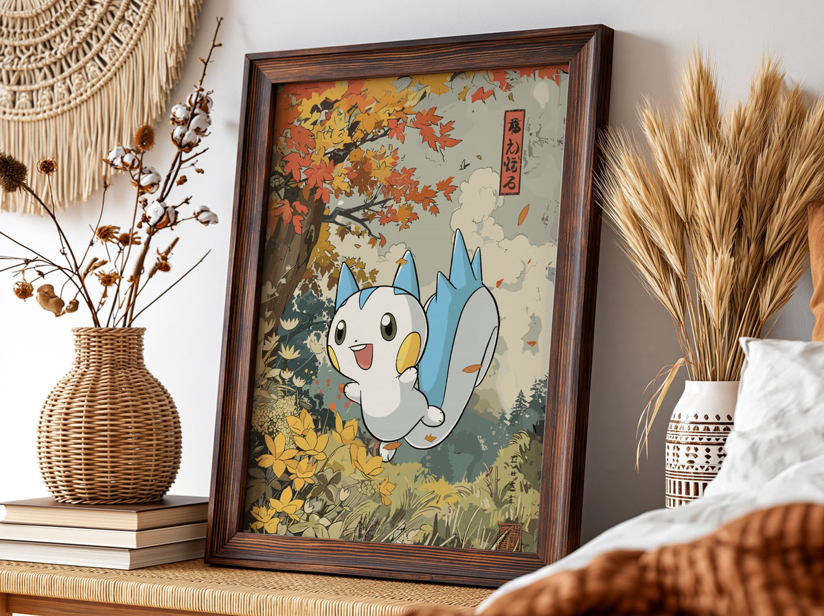 Wall poster featuring Pachirisu character in autumn forest with orange and yellow leaves