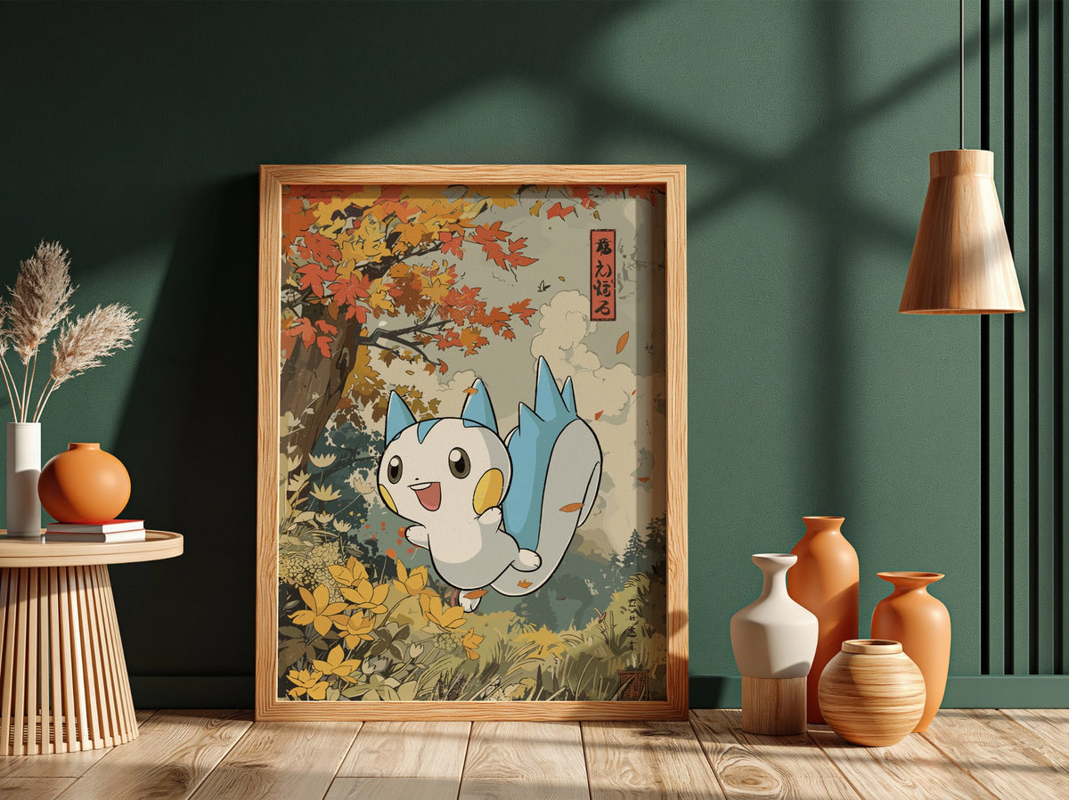 Wall poster featuring Pachirisu character in autumn forest with orange and yellow leaves