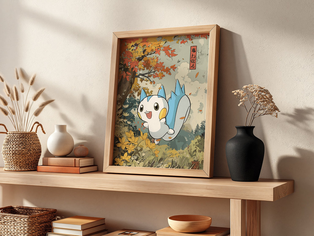 Wall poster featuring Pachirisu character in autumn forest with orange and yellow leaves