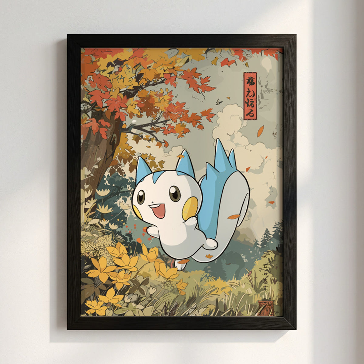 Wall poster featuring Pachirisu character in autumn forest with orange and yellow leaves