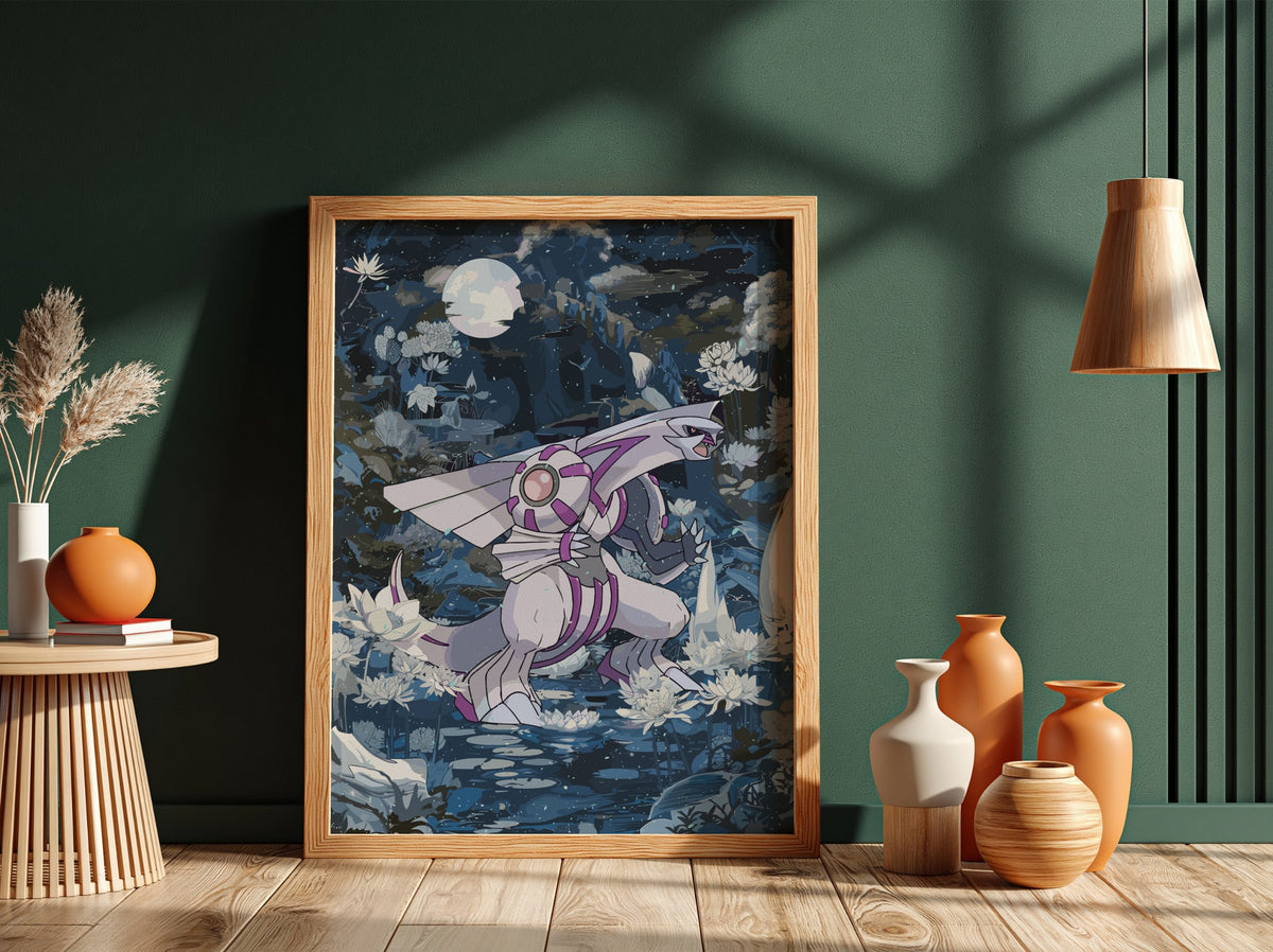 Poster of Palkia Pokémon with moonlit night sky, water lilies, deep blues and purples