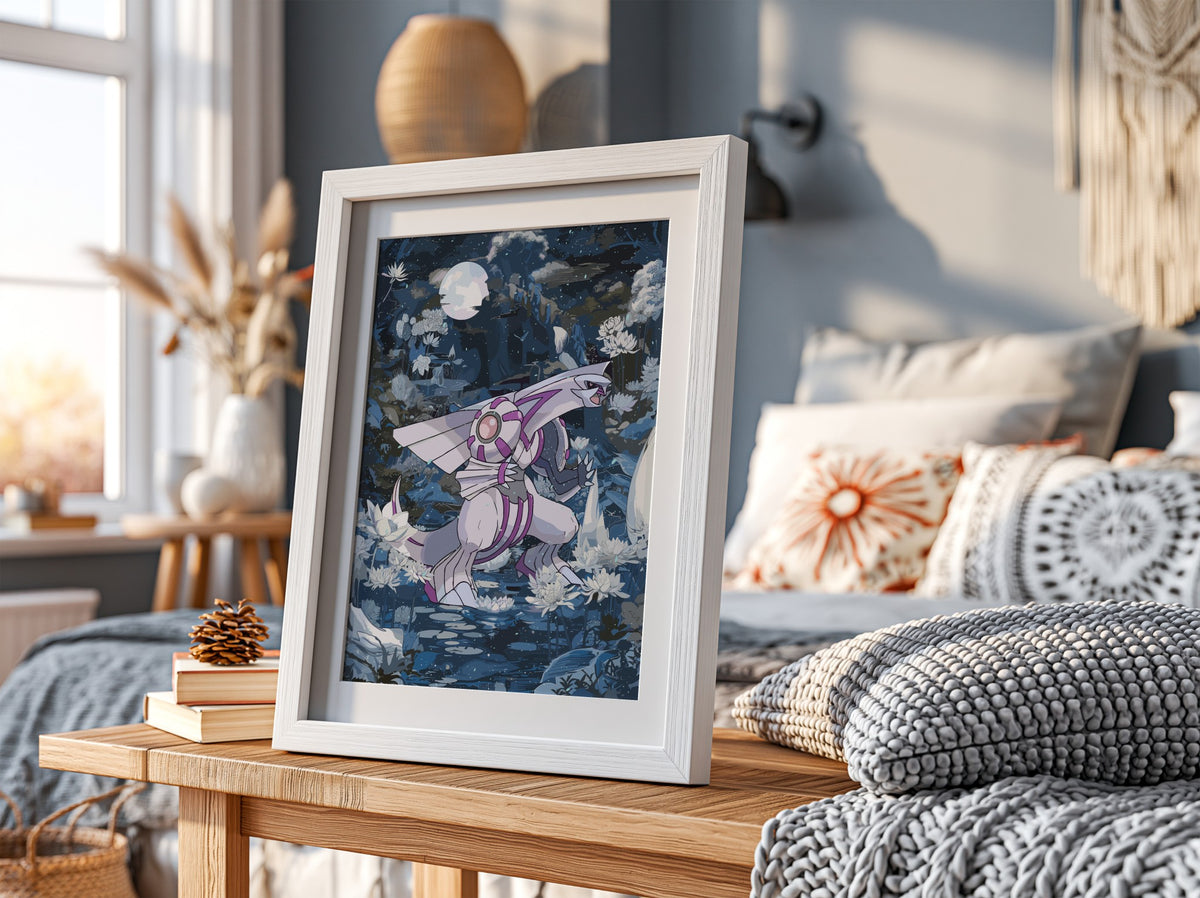 Poster of Palkia Pokémon with moonlit night sky, water lilies, deep blues and purples