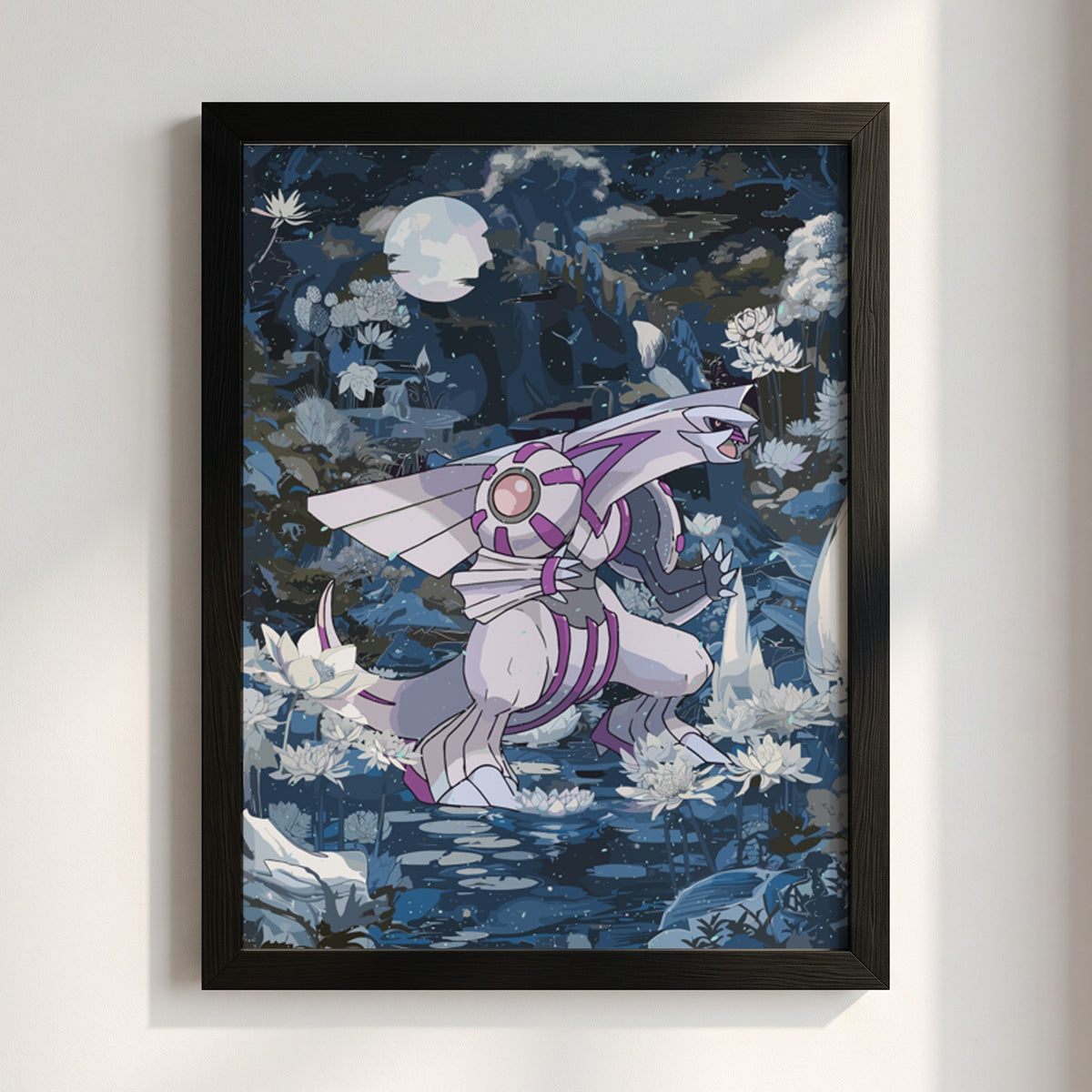 Poster of Palkia Pokémon with moonlit night sky, water lilies, deep blues and purples