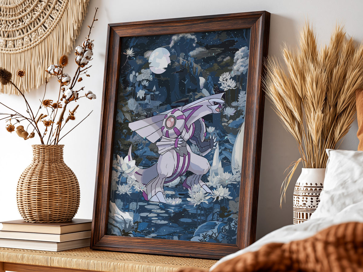Poster of Palkia Pokémon with moonlit night sky, water lilies, deep blues and purples