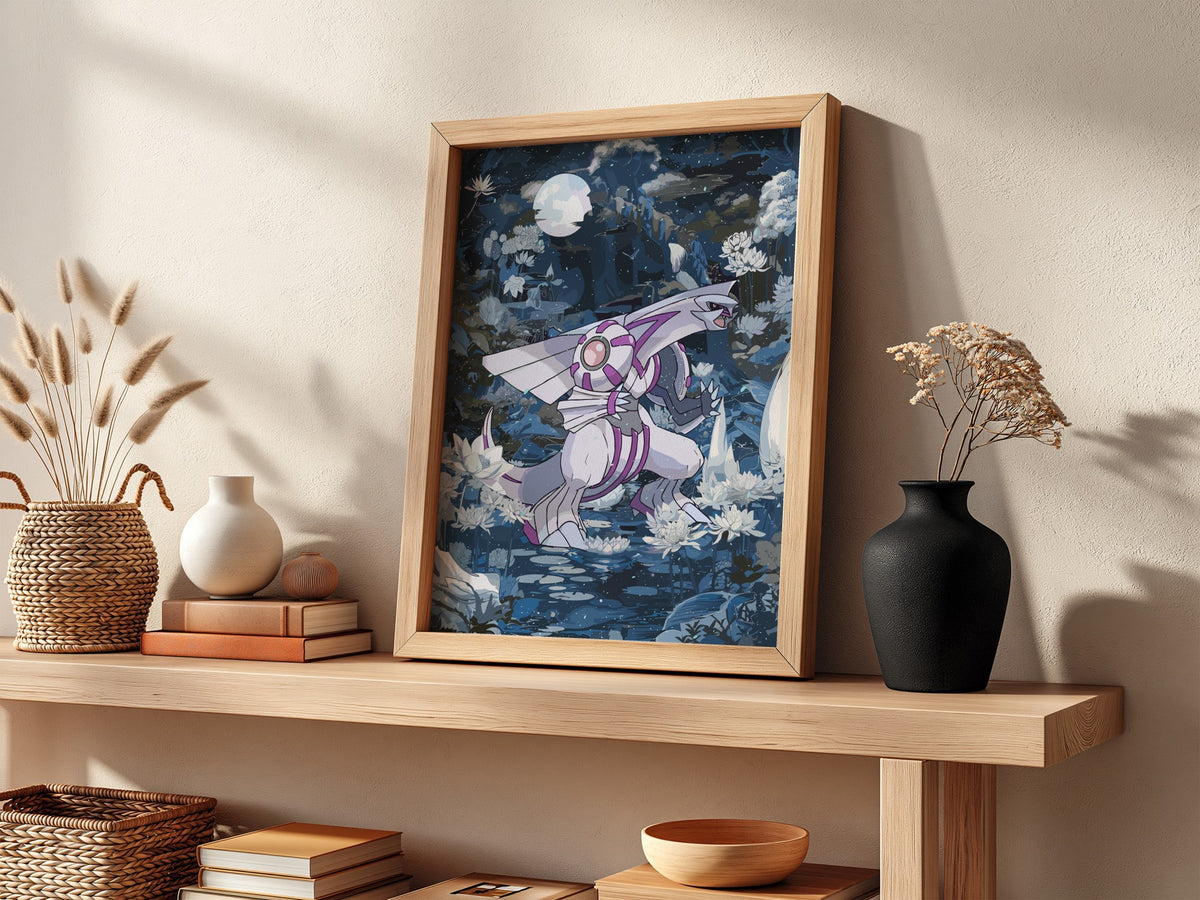 Poster of Palkia Pokémon with moonlit night sky, water lilies, deep blues and purples