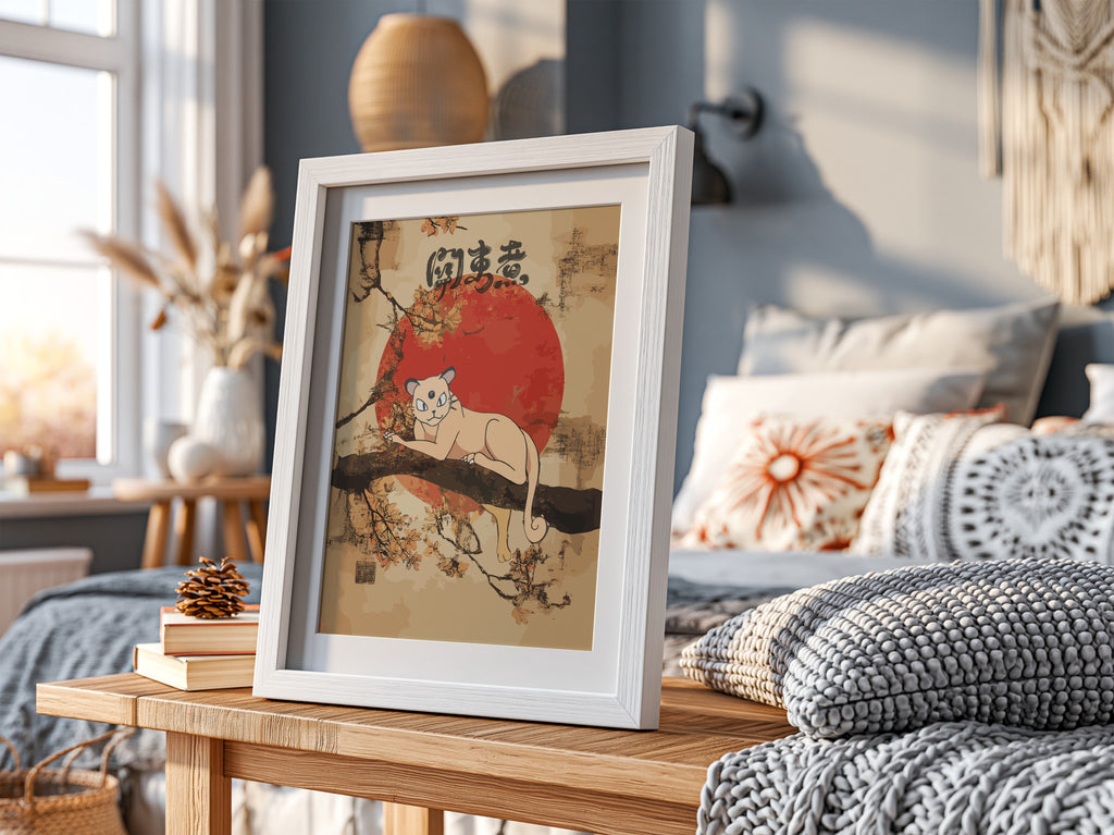 Poster of Persian cat on branch with red sun and cherry blossoms in Japanese style