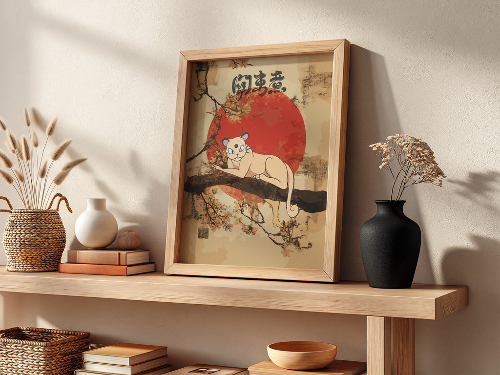 Poster of Persian cat on branch with red sun and cherry blossoms in Japanese style