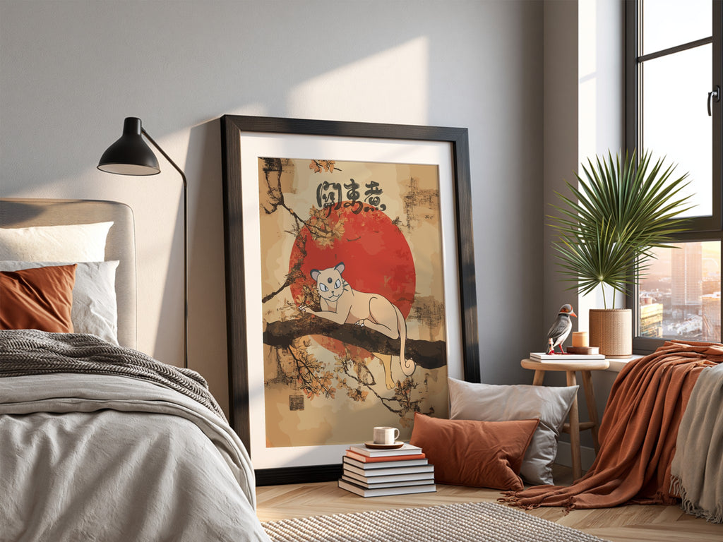 Poster of Persian cat on branch with red sun and cherry blossoms in Japanese style