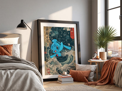 Pokemon poster featuring blue Phione over classic Japanese wave art with cream and deep blue tones