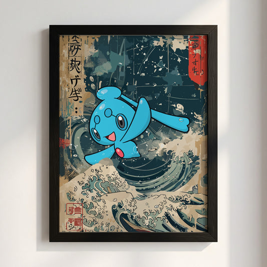 Pokemon poster featuring blue Phione over classic Japanese wave art with cream and deep blue tones