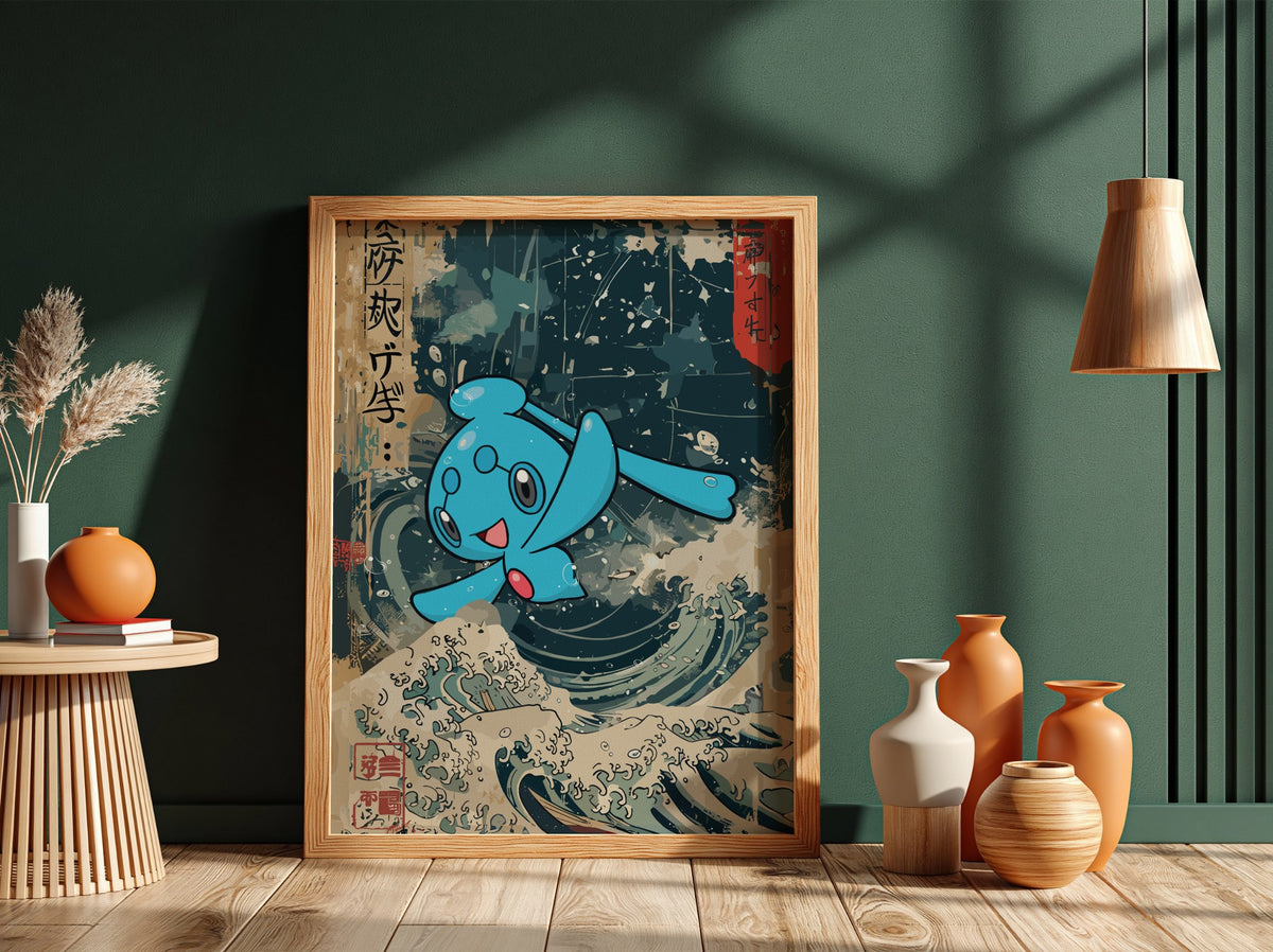 Pokemon poster featuring blue Phione over classic Japanese wave art with cream and deep blue tones
