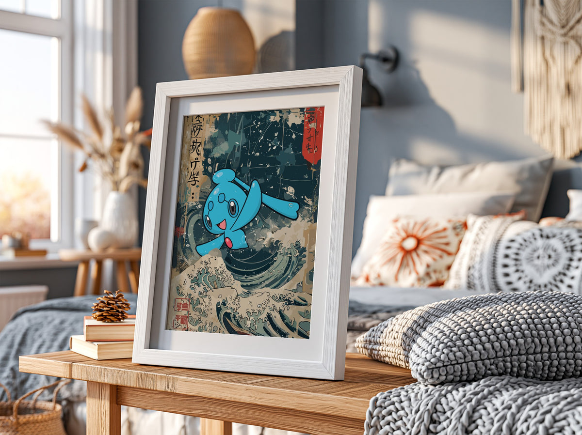 Pokemon poster featuring blue Phione over classic Japanese wave art with cream and deep blue tones