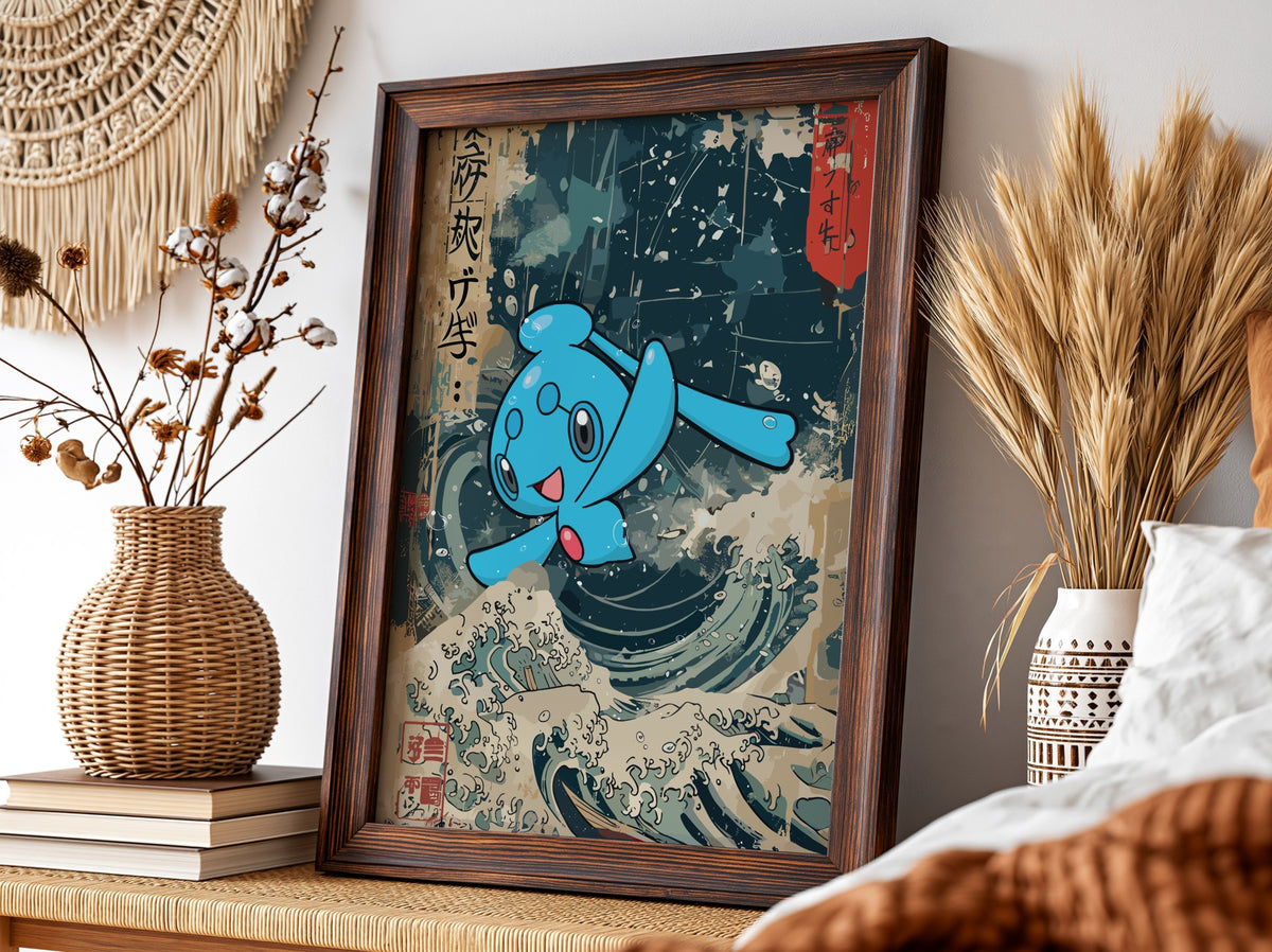 Pokemon poster featuring blue Phione over classic Japanese wave art with cream and deep blue tones