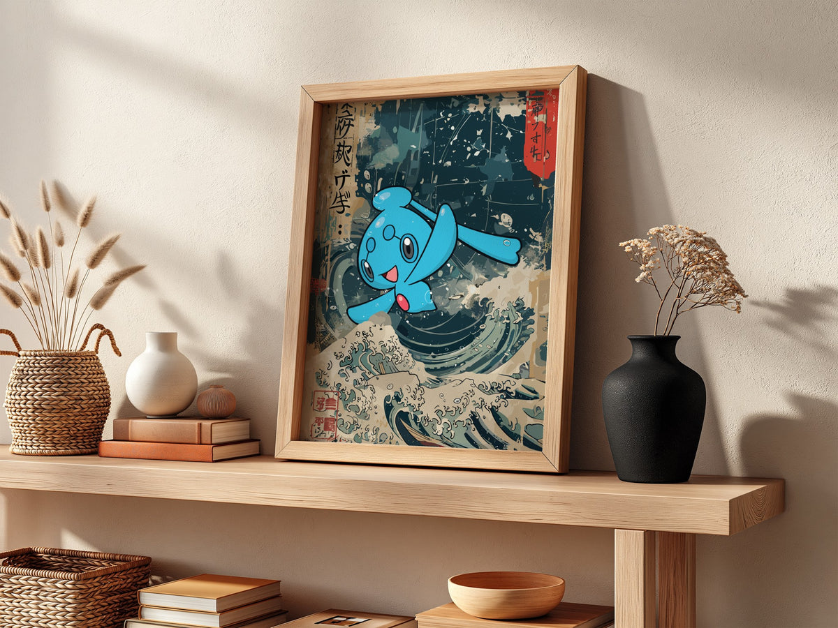 Pokemon poster featuring blue Phione over classic Japanese wave art with cream and deep blue tones